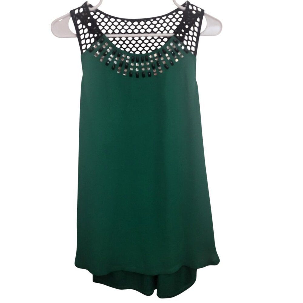 Express Green Sleeveless Chiffon Embellished Black Net Tank Top